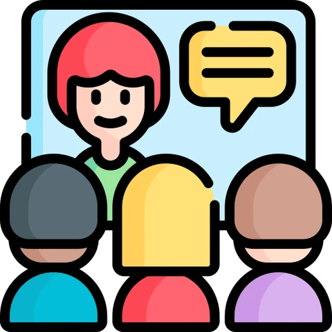 Profesora hablando en pantalla para enseñar inglés a múltiples estudiantes online